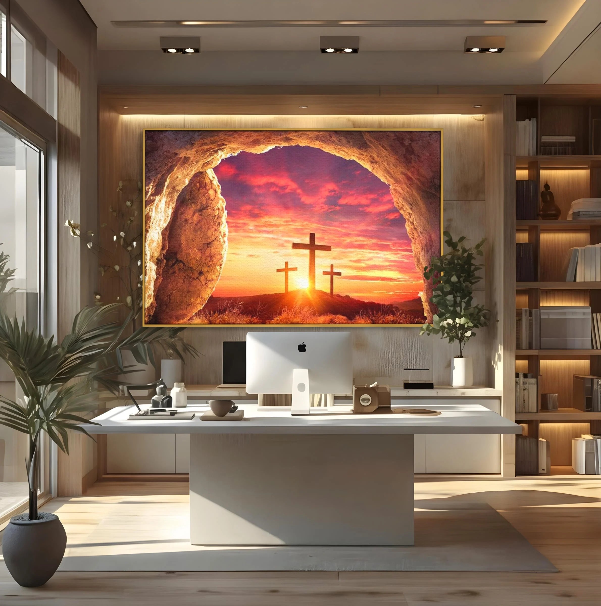 Tablou canvas cu tablou canvas cu trei cruci la rasarit, in rama de aluminiu auriu, pe perete intr-un birou